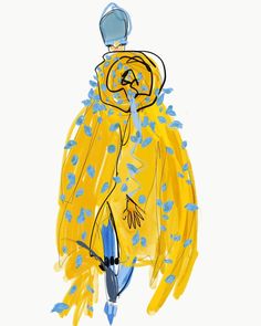 a drawing of a woman in a yellow dress with blue flowers on her head and arms