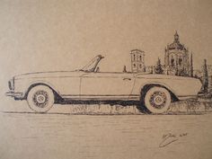 a drawing of a car parked in front of a building with a clock tower behind it