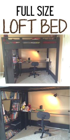 the loft bed is made from an old bunk bed and has been turned into a computer desk