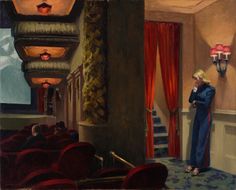 a painting of a woman standing in front of a movie theater with red curtains on the walls