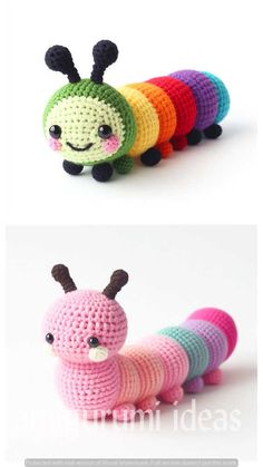 the crocheted caterpillar is shown in three different colors