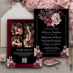 the wedding card is surrounded by pink flowers