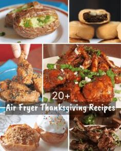 four different pictures with the words 20 air fryer thanksgiving recipes on them and images of food