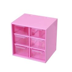 a pink toy storage unit with six drawers