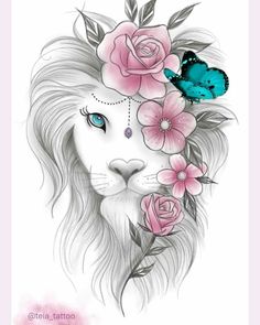 a drawing of a lion with flowers on it's head and a butterfly sitting on top