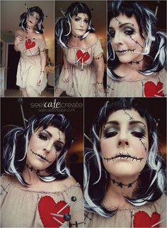 Voodoo Doll Diy Crafts, Voodoo Doll Halloween Costume, Scary Doll Costume, Diy Voodoo Doll Costume, Voodoo Doll Makeup, Diy Voodoo Dolls, Halloween Costumes Cute, Voodoo Doll Costume, Doll Makeup Halloween