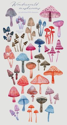 an illustration of many different colored mushrooms