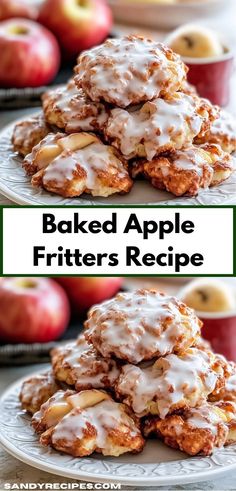 baked apple fritters are stacked on top of each other with apples in the background