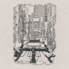 a drawing of a car driving down a city street