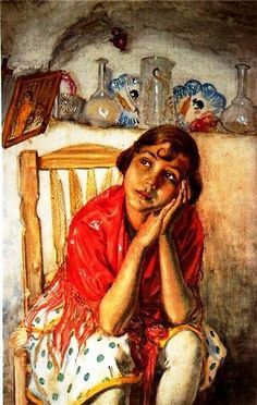 a painting of a woman sitting on a chair with her hands to her face and looking up