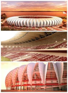 three different views of a stadium with red and white seats