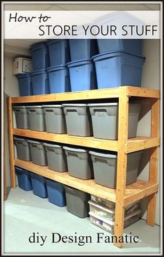 a shelf filled with plastic buckets and storage bins on top of wooden shelves