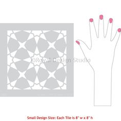 small design stencil each tile is 8 w x 8 h, and has a hand with pink nail polish