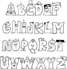 the alphabet with cartoon characters and letters for coloring pages, including one letter in black and white