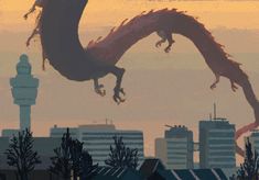 a large dragon flying over a city at sunset