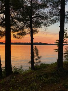 the sun is setting behind some trees by the water