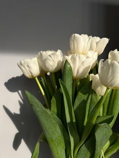 white tulips are in a vase with green leaves