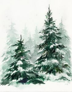 watercolor painting of two evergreen trees in the snow by artist mark adlingtone