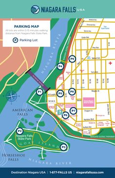 the niagara falls map is shown in blue and green, with several locations marked on it