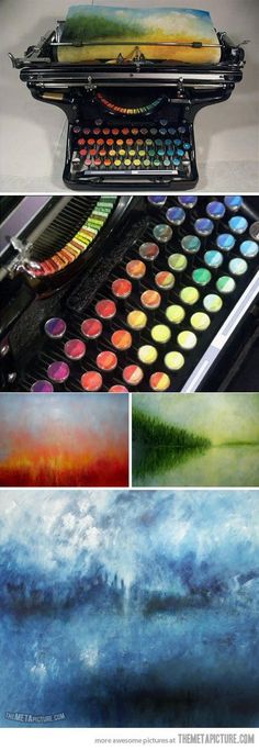 several different pictures of an old typewriter with many colors and designs on it, including the