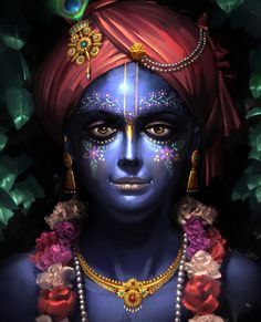 a painting of a woman with blue face paint and gold jewelry on her head, surrounded by flowers