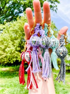 "Beautiful macramé disco ball keychain with clasp.  * Stainless steel key chain and clasp.  * 100% cotton rope * roughly 6\" long.  This mini macramé keychain is oh so cute and brings a little boho brightness on the go! Never lose your keys again with this awesome sturdy clasp that makes it easy to clip your keys." Disco Ball Macrame Diy, Disco Ball Car Hanger, Disco Keychain, Disco Ball Keychain, Disco Ball Car Charm, Disco Ball Macrame Keychain, Crystal Macrame Keychain, Ball Accessories, Boho Keychain