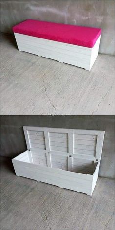 two pictures of a bench made out of pallets and some sort of storage box