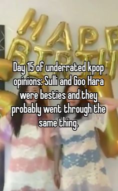 two women standing next to each other in front of balloons that say happy birthday