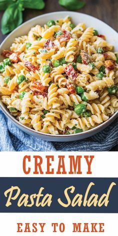 creamy pasta salad with peas and bacon in a white bowl