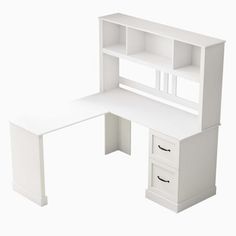 a white desk with two drawers and a bookcase