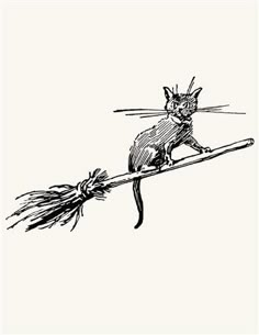 a black and white drawing of a cat on a broom