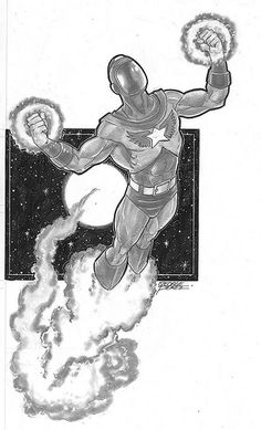 a black and white drawing of a man flying through the air