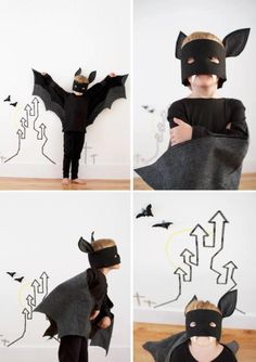 four pictures of a boy dressed up as a bat and wearing a costume with wings