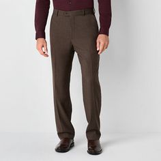 These men's houndstooth straight-leg suit pants by Stafford are the perfect style to wear from the office to a casual dinner with friends. Cut for a classic-fit, they are made from a woven, wool-stretch blend and feature a flat front waist, a hook-and-eye and zip fly, and side and back pockets. Pair them with a blazer and button-down or a polo.Front Style: Flat FrontClosure Type: Button W/Hook&eye, ZipperFit: Classic FitPockets: 2 Back Button Pockets, 2 Side Slip PocketsRise: At WaistApparel Len Pants Brown, Dinner With Friends, Perfect Style, Suit Pants, Casual Dinner, Hook Eye, Pants Color, Mens Suits, Wool Blend