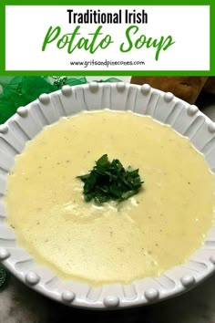 traditional irish potato soup in a white bowl on a green tablecloth with text overlay