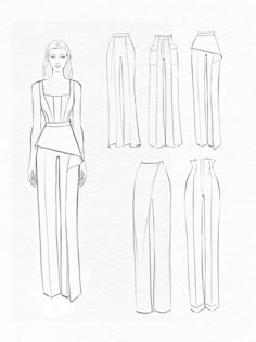 a drawing of different types of pants and tops, with one woman's head in the