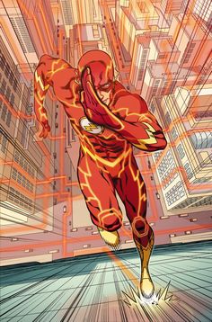 the flash running through a city with skyscrapers in the background and an orange light coming from his chest