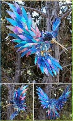 three pictures of colorful feathers hanging from trees