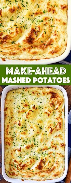 two pictures of baked mashed potatoes in white casserole dishes, one with cheese and the other topped with fresh herbs