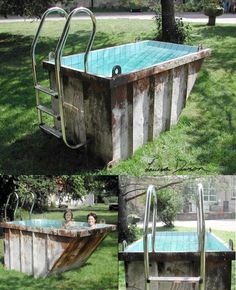 there are four pictures of an old swimming pool with ladders on the sides and in the middle