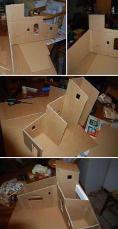 three pictures of the inside of a cardboard box that has been cut open and put together