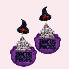 Add a touch of magic to your outfit with these spellbinding Hocus Pocus Earrings! These witchy earrings will cast a playful spell on anyone who sees them. Perfect for those who embrace their inner magic and love a little bit of quirkiness in their style. Hocus Pocus Jewelry, Hocus Pocus Earring, Hocus Pocus Disney Ears, Hocus Pocus Mickey Ears, Hocus Pocus Merchandise, Hocus Pocus, Purple And Black, Bridal Earrings, Purple Color