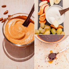 four different pictures with peanut butter, apples and almonds