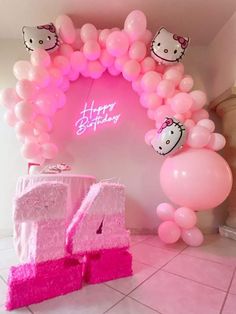 a hello kitty birthday party with balloons and decorations