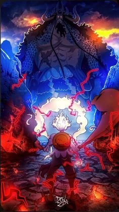 an anime character holding onto another character in front of a large demon with red and blue flames