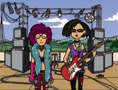 two cartoon characters standing in front of microphones with guitars and guitar strings hanging from the ceiling