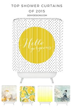 a shower curtain with the words hello gorgeous written in white and yellow on it, surrounded by polka dots