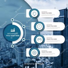 a blue and white business info graphic with circles around it that are connected to the cityscape