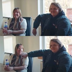 two women sitting at a table and one is holding a water bottle in her hand