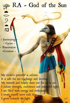 an egyptian god holding a staff with the words ra - god of the sun above it